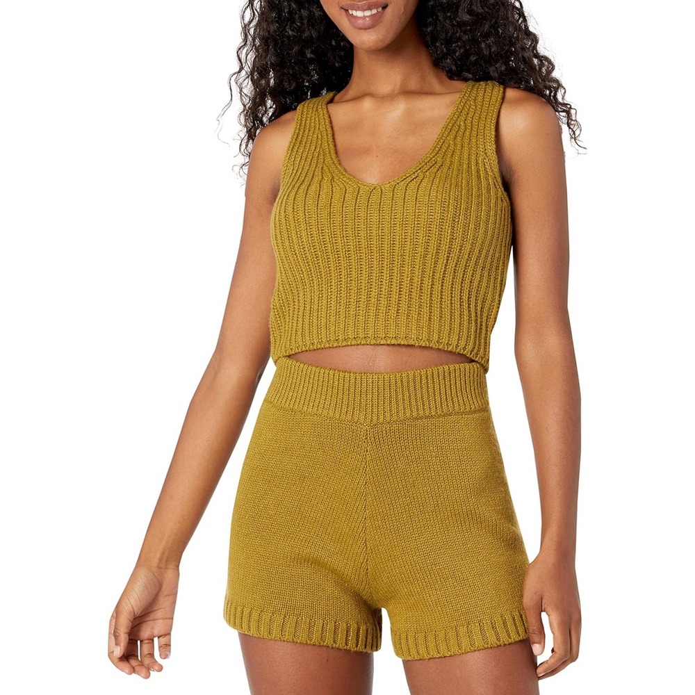 The Drop Women's‎ Ribbed Knit V Neck Cropped Tank Top Olive Green Size Medium